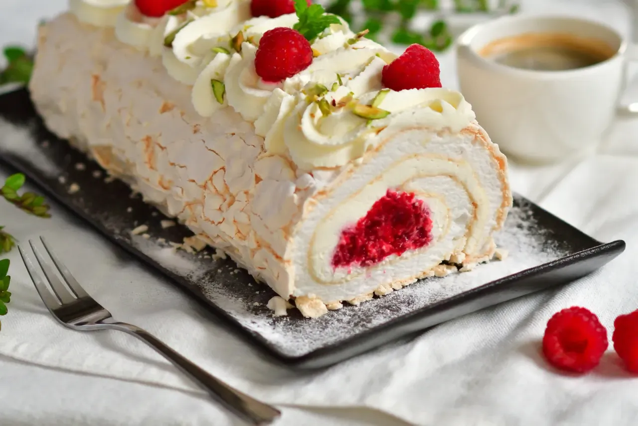 Meringuerol – luchtige meringue rol met aardbei